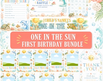 „One in the Sun“-Geburtstagspaket für den ersten Geburtstag: Bearbeitbare Canva-Vorlagen, druckbare Sommer-Geburtstagsdekorationen, Einladungen, Willkommensschilder, Meilensteinkarten