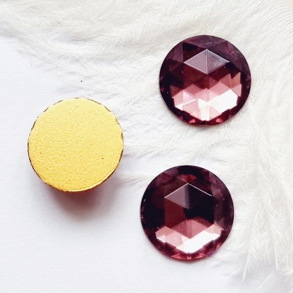 Purple rhinestones set 4 pcs Czech Glass faceted cabochons 15 mm, flatback and goldfoiled for jewelry making
