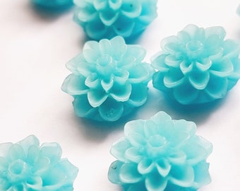 Blue Resin Dahlia Cabochon, Blue Color Plastic Flower Cabochon for Jewelry Making, Beading Supplies, Acrylic Beads for Gluing, Lot of 5 pcs