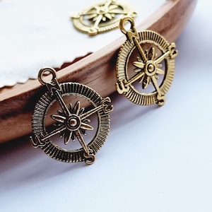 Metal Compass Symbol, Antique gold color pendant, Charm for jewelry making, Beading supplies, Gold color compass, Necklace Nautical pendant