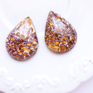Vintage harlequin cabochon, Teardrop shape cabochon, Amber color stone, Glass flatback stone, Czech glass, Drop shape, 30x22 mm, 1 pcs