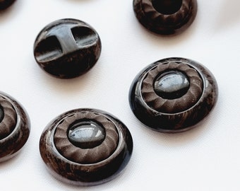 Vintage Dark Brown Plastic Buttons, 1970s-90s Sewing, Lot of 6 pcs