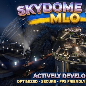 May include: A digital rendering of a futuristic city, featuring a large dome structure and illuminated buildings on a mountain. The text "SKYDOME MLO" is prominently displayed, with additional text indicating active development and features like optimization and security.