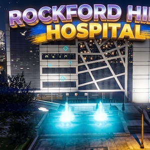 Puede incluir: Una vista nocturna del Hospital de Rockford Hills, un edificio moderno con un gran letrero. El letrero dice "Rockford Hills Hospital" en púrpura y dorado. El edificio tiene una combinación de colores azul y blanco, con una fuente al frente. El cielo es oscuro con estrellas.