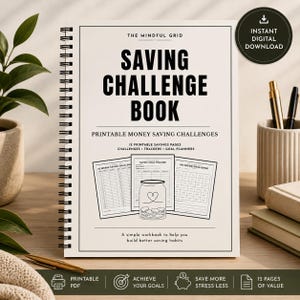 May include: A spiral-bound "Saving Challenge Book" with the text "The Mindful Grid" and "Saving Challenge Book" in large, bold letters. The book includes printable money-saving challenges, trackers, and goal planners. A digital download icon is in the upper right corner.