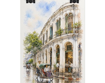 May include: A watercolor painting depicting a street scene with a white colonial-style building featuring arched walkways. A person operates a pedicab in the foreground, while others sit at tables under the arches. The sky is blue with soft clouds.