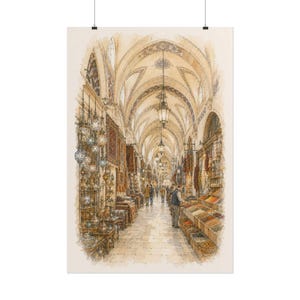 May include: A watercolor painting of a bustling indoor market corridor with high vaulted ceilings and hanging lanterns. The scene features stalls displaying colorful textiles, intricate metal lamps, and various spices, with people walking through.