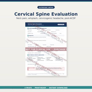 Puede incluir: Formulario de evaluación de la columna cervical lista para imprimir, con secciones para datos demográficos del paciente, información subjetiva e historial médico. El formulario está etiquetado como "Not for Clinical Use" y contiene el texto "Outpatient Ortho".