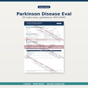 Puede incluir: Un formulario de Evaluación de la Enfermedad de Parkinson listo para imprimir con el texto "Parkinson Disease Eval" y "PD motor exam, gait/balance, MDS-UPDRS". El formulario incluye secciones para datos demográficos del paciente y detalles de la enfermedad de Parkinson.