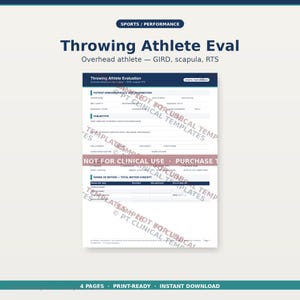 Puede incluir: Un documento digital titulado "Throwing Athlete Eval" con el texto "Overhead athlete - GIRD, scapula, RTS". El documento incluye secciones para datos demográficos del paciente, información subjetiva y rango de movimiento. El documento está etiquetado como "Not for Clinical Use."