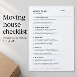 May include: A white paper moving house master checklist with black text. The document is organised into five chronological sections: 4+ weeks before moving, 1-2 weeks before moving, moving week, moving day, and after moving, each with checkboxes.