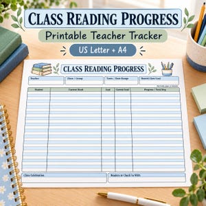 Peut inclure: Une fiche de suivi de lecture de classe imprimable avec un en-tête intitulé Class Reading Progress. Le formulaire comprend des champs pour l'enseignant, la classe, la date et l'objectif, avec un tableau pour les élèves et les livres.