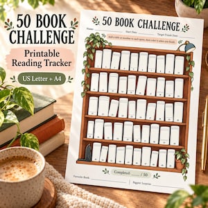 May include: A 50 Book Challenge printable reading tracker sheet featuring a bookshelf illustration with 50 blank book spines numbered 1 through 50. The page includes fields for name, dates, and notes, decorated with potted plant illustrations and a small cat.
