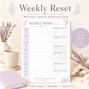 Könnte beinhalten: Ein wöchentliches Wellness-Planungsblatt mit dem Text "Weekly Reset". Das Blatt enthält Abschnitte für Selbstpflege, Bewegung, Wasseraufnahme und Gewohnheitsverfolgung. Das Design ist in sanften Pastellfarben mit floralen Akzenten gehalten.