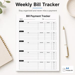 Pode incluir: Um rastreador de pagamento de contas em PDF imprimível branco com o texto "Weekly Bill Tracker" no topo. O rastreador inclui seções para contas, datas de vencimento, valores e status de pagamento. Uma caneta dourada e branca repousa à direita.