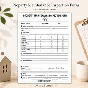 Puede incluir: Un formulario de inspección de mantenimiento de propiedades en blanco con texto y líneas negras. El documento incluye secciones para detalles del inspector, verificación de áreas, problemas identificados, reparaciones, seguimiento y firma.