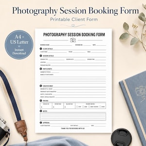 May include: A white photography session booking form with black text and lines. The document includes sections for client details, session specifics, participants, creative brief, pricing, notes, and approval. It features a camera icon at the top.