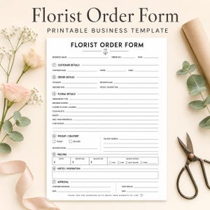 Può includere: Un modulo d'ordine per fioristi stampabile su sfondo bianco con testo nero. Il documento include sezioni per i dati del cliente, i dettagli dell'ordine, le preferenze floreali, le informazioni di consegna, i prezzi e le firme.
