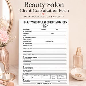 Puede incluir: Un formulario de consulta para clientes de salón de belleza en color blanco con texto y líneas negras. El documento incluye secciones para detalles del cliente, citas, consulta, notas de sensibilidad de la piel, registro de servicio y precios.