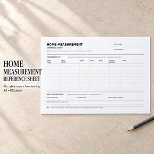 Op de afbeelding: Een wit referentieblad voor woningmetingen met zwarte tekst en lijnen. Het document bevat secties voor kamernaam, datum, een meetlogboek en een gedeelte voor het controleren van deuren en gangen. De tekst luidt Home Measurement Reference Sheet.