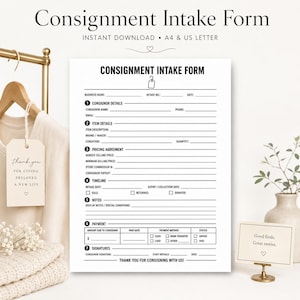May include: A black and white Consignment Intake Form document featuring sections for consignor details, item descriptions, pricing agreements, timelines, notes, payment methods, and signatures, with a small hanger icon at the top center of the page.