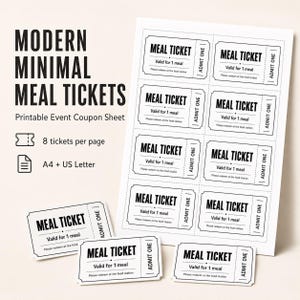 Może przedstawiać: Arkusz do druku z ośmioma prostokątnymi kuponami na posiłek z czarnym tekstem na białym tle. Każdy kupon zawiera napis MEAL TICKET, Valid for 1 meal, Please redeem at the food station oraz ADMIT ONE. Arkusz jest oznaczony jako Modern Minimal Meal Tickets.