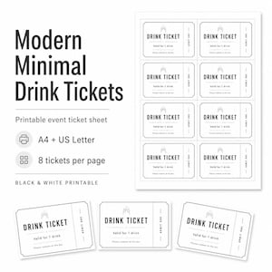 Puede incluir: Una hoja imprimible de ocho boletos de bebida en blanco y negro con un icono de copa de champán, el texto DRINK TICKET, Valid for 1 drink, Please redeem at the bar y ADMIT ONE. Tres boletos individuales se muestran debajo de la hoja.