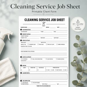 Könnte beinhalten: Ein weißes Reinigungsdienst-Arbeitsblatt als druckbares Kundenformular mit schwarzem Text und Linien. Das Dokument enthält Abschnitte für Kundendaten, Objektdetails, Servicedetails, Zugang, Preisgestaltung, Notizen und den Abschluss des Auftrags.