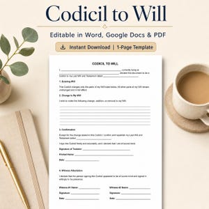 Codicil to Will Template, Printable Last Will Amendment Form, Estate Planning PDF, Simple Testament Addendum Legal Document Instant Download