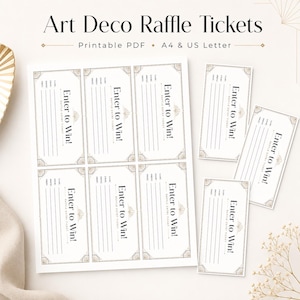 May include: A set of printable raffle tickets featuring Art Deco style borders in gold and black. Each rectangular ticket includes lines for name, email, and phone, with the text Enter to Win! and Raffle Entry Ticket printed in a serif font.