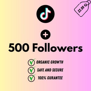 Könnte beinhalten: Grafik mit TikTok-Logo, Pluszeichen und dem Text "500 Followers" in fetter schwarzer Schrift. Darunter drei Häkchen mit den Sätzen "Organisches Wachstum", "Sicher und geschützt" und "100% Garantie". Der Hintergrund ist ein Farbverlauf aus Gelb, Rosa und Lila.