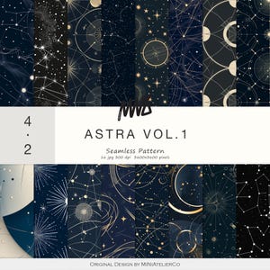 May include: A collection of sixteen seamless digital patterns featuring celestial themes with constellations, stars, and geometric orbital lines in gold, white, and navy blue. The text reads ASTRA VOL.1, 4.2, Seamless Pattern, 16 jpg 300 dpi 3600x3600 pixels.
