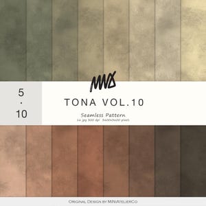 May include: A digital collection of sixteen seamless patterns titled TONA VOL.10 by MiniAtelierCo. The image displays a gradient of textured surfaces ranging from muted olive greens and beige tones to warm terracotta, brown, and dark charcoal shades.
