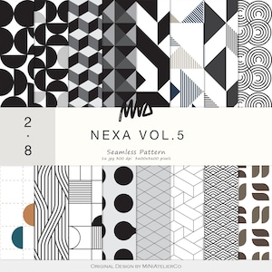 Op de afbeelding: Een collectie van zestien naadloze digitale patronen met geometrische vormen, lijnen, cirkels en kubussen in zwart, wit en grijs. De tekst luidt 2.8, NEXA VOL.5, Seamless Pattern, 16 jpg 300 dpi 3600x3600 pixels en ORIGINAL DESIGN BY MINIATELIERCO.