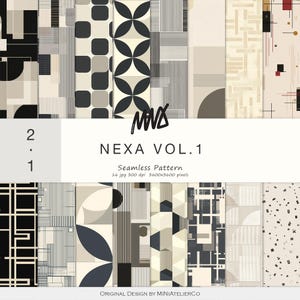 Könnte beinhalten: Eine Sammlung nahtloser Muster in neutralen Tönen, darunter Schwarz, Weiß und Beige. Die Designs zeigen geometrische Formen, Linien und abstrakte Motive. Der Text "NEXA VOL. 1" und "Seamless Pattern" sind sichtbar. Das Bild ist mit "ORIGINAL DESIGN BY MINIATELIERCO" beschriftet.
