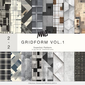 Könnte beinhalten: Eine Sammlung nahtloser Muster mit geometrischen Designs in Schwarz-, Grau- und Beigetönen. Die Texturen erinnern an Beton und Metall. Der Text "GRIDFORM VOL. 1" und "Seamless Pattern" ist im Bild enthalten.