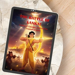 May include: A digital tablet shows the cover of "THE BATTLE OF LANKA!" A cartoon illustration depicts a man in yellow clothing with a bow and arrow, with the text "A Story of Courage, Justice & the Triumph of Good". The background shows a fiery battle scene.