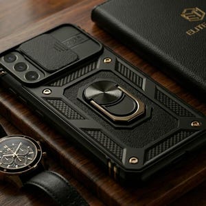 Puede incluir: Una funda protectora negra para smartphone con una cubierta deslizante para la lente de la cámara, un soporte de anillo metálico circular en el centro y detalles de fibra de carbono texturizada con herrajes de color bronce.