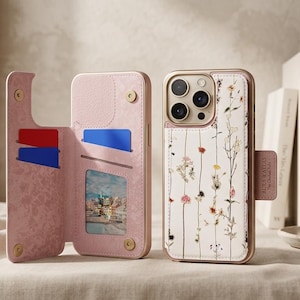 May include: A light pink wallet-style phone case with a floral pattern on the back. The interior features multiple card slots, including a clear ID window, and two gold-tone snap closures. The case is shown open and closed to display its features.