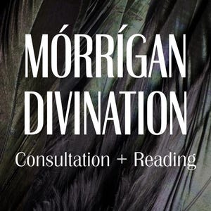 Könnte beinhalten: Werbebild mit dem weißen Text "MÓRRÍGAN DIVINATION" vor einem Hintergrund aus dunklen, strukturierten Federn. Der Text "Consultation + Reading" ist ebenfalls weiß. Das Bild hat ein mystisches Thema.