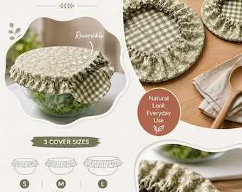May include: Reversible bowl covers featuring green and white floral and gingham fabric patterns. The graphic includes text reading Reversible Bowl Covers, 3 Cover Sizes, Small, Medium, Large, Instant Download, PDF Pattern, Breathable Fabric, Keeps Food Fresh, Eco Friendly, Washable & Durable.