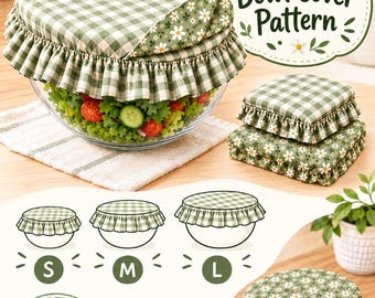 May include: A set of fabric bowl covers featuring a green and white gingham check pattern and a green floral print with white daisies. The covers have a ruffled edge and an elasticized fit. The image includes text reading Etsy Most Selling Bowl Cover Pattern and size labels S, M, and L for the various bowl cover options shown.
