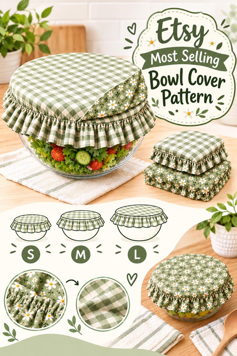 May include: A set of fabric bowl covers featuring a green and white gingham check pattern and a green floral print with white daisies. The covers have a ruffled edge and an elasticized fit. The image includes text reading Etsy Most Selling Bowl Cover Pattern and size labels S, M, and L for the various bowl cover options shown.