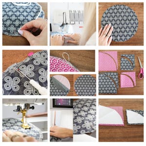 May include: A multi-panel collage showing the sewing process of circular fabric pieces with a dark gray and white geometric pattern and a pink and white floral pattern, including steps using a sewing machine, scissors, and fabric pins.