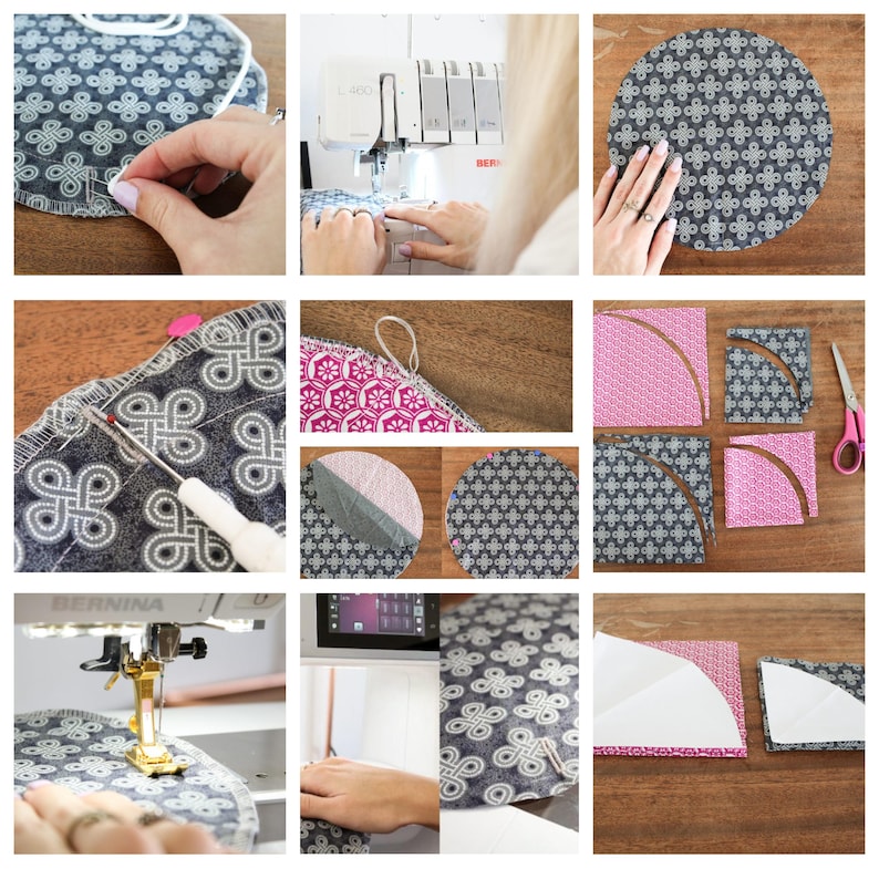 May include: A multi-panel collage showing the sewing process of circular fabric pieces with a dark gray and white geometric pattern and a pink and white floral pattern, including steps using a sewing machine, scissors, and fabric pins.