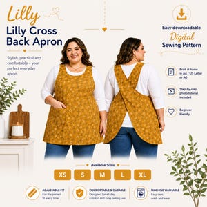 Op de afbeelding: Een mosterdgeel schort met gekruiste rugbanden en een klein wit bloemenpatroon, voorzien van een ronde halslijn en voorzakken. Het digitale naaipatroon bevat de tekst Lilly Cross Back Apron, Easy downloadable Digital Sewing Pattern en de maten XS tot XL.