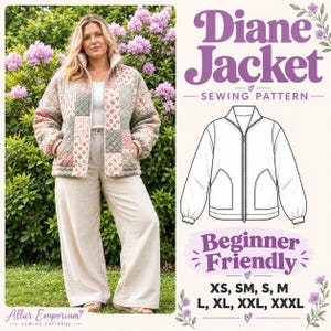 May include: A quilted jacket featuring a patchwork design of floral and solid sage green squares, a high collar, and a front zipper. The image includes text reading Diane Jacket Sewing Pattern, Beginner Friendly, and sizes XS through XXXL.