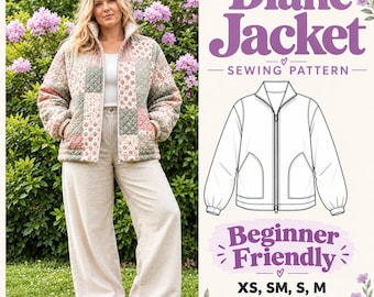May include: A quilted jacket featuring a patchwork design of floral and solid sage green squares, a high collar, and a front zipper. The image includes text reading Diane Jacket Sewing Pattern, Beginner Friendly, and sizes XS through XXXL.