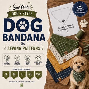 Dog Bandana Sewing Pattern PDF, Scrunchie Elastic Dog Bandana, Reversible Pet Bandana, Easy DIY Sewing Pattern, Instant Download