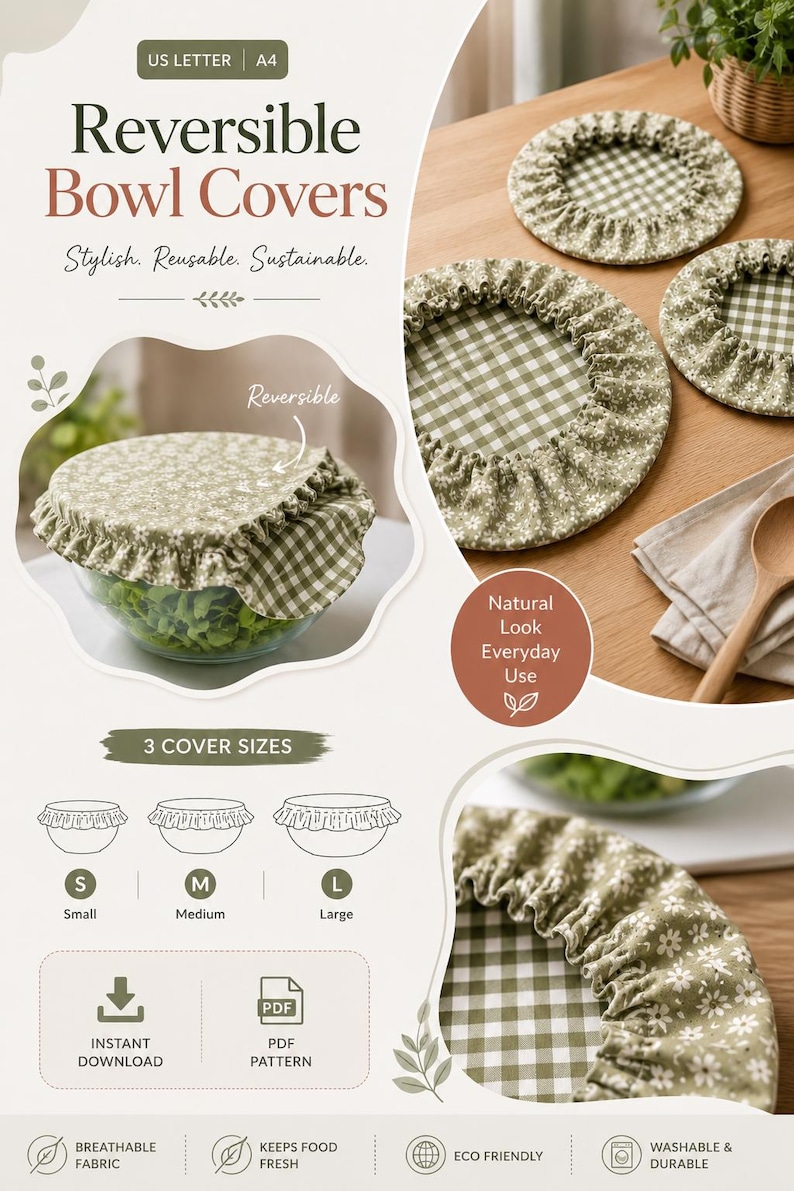 May include: Reversible bowl covers featuring green and white gingham fabric on one side and a green floral print on the other. The set includes three sizes, small, medium, and large, with elastic edges. Text includes Reversible Bowl Covers, 3 Cover Sizes, Instant Download, and PDF Pattern.